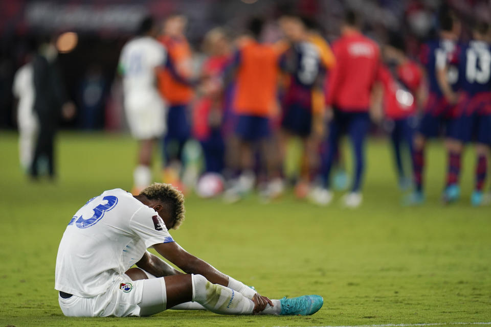 Panama's Michael Murillo reacts after his team lost to the United States during a FIFA World Cup qualifying soccer match, Sunday, March 27, 2022, in Orlando, Fla. The U.S. won 5-1. (AP Photo/Julio Cortez)