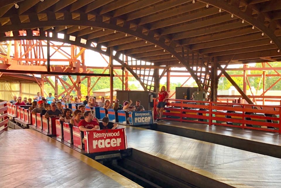 Known as a “Mobius” coaster, Racer actually has one, continuous track. Trains that depart on the left side of the station return on the right, and vice-versa.