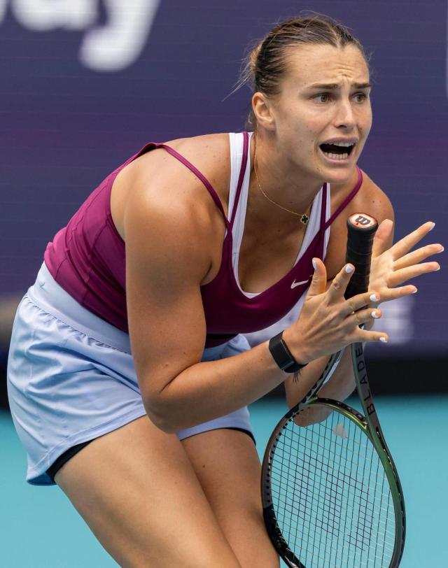 Aryna Sabalenka of Belarus reacts during her match against Sorana Cirstea of Romania at the Miami Open tennis tournament on Wednesday, March 29, 2023, in Miami Gardens, Fla.