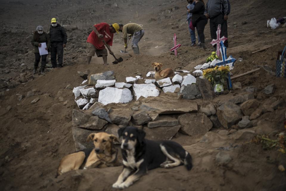 Cemetery workers work on the tomb of Romulo Huallpatuero, 50 , who died from COVID-19, at the Nueva Esperanza cemetery on the outskirts of Lima, Peru, Tuesday, May 26, 2020. (AP Photo/Rodrigo Abd)