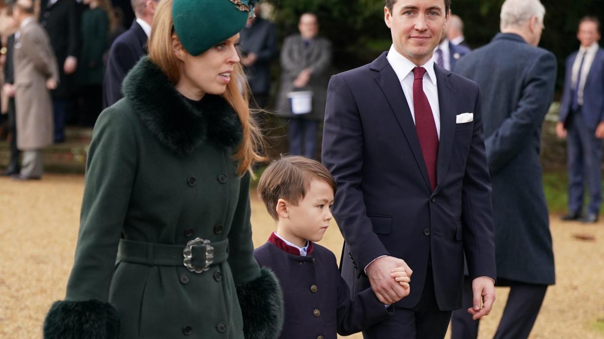 Princess Beatrice, Edoardo Mapelli Mozzi and his son Christopher Woolf attending the Christmas Day morning church service at St Mary Magdalene Church