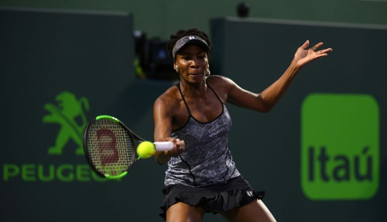 Venus Williams of the US hits a forehand during her Miami Open quarter-final match against Angelique Kerber of Germany, at Crandon Park Tennis Center in Key Biscayne, Florida, on March 29, 2017