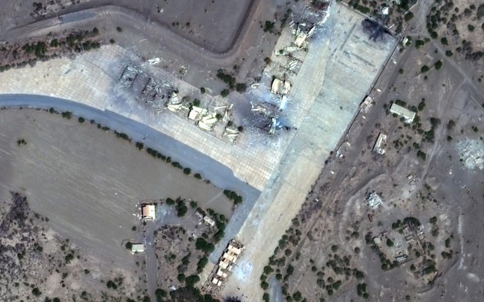 Destroyed shelters at Hodeida airfield, Yemen after British and US air strikes