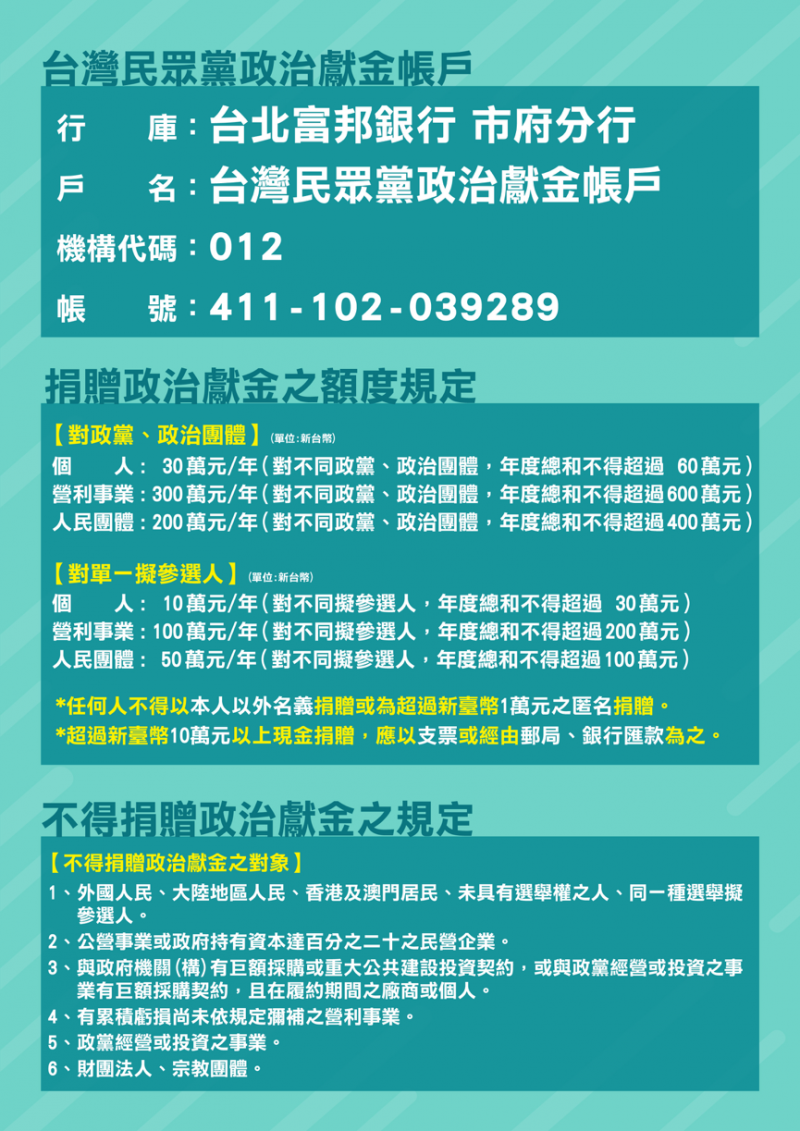 台灣民眾黨政治獻金專戶啟用，正式開放斗內。