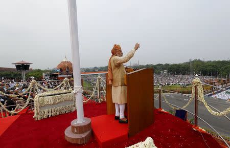 Indian Prime Minister Narendra Modi addresses the nation from the historic Red Fort during Independence Day celebrations in Delhi, India, August 15, 2015. REUTERS/Adnan Abidi