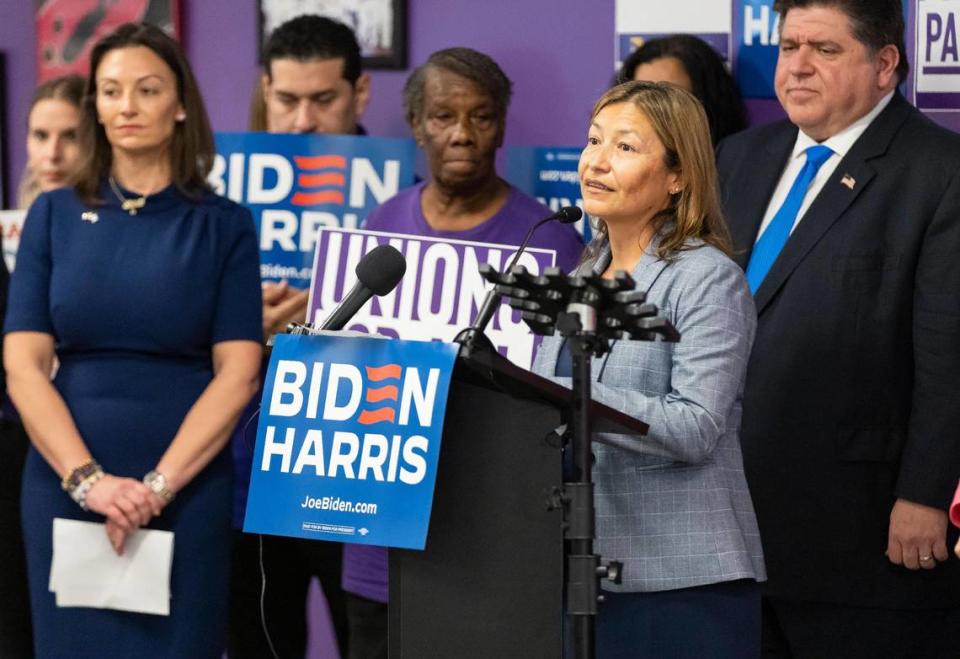 Biden-Harris 2024 National Campaign Manager Julie Chavez Rodriguez speaks during a press conference at the SEIU 1991 on Tuesday, Nov. 7, 2023, in Miami, Fla. The event was held ahead of Donald Trump’s trip to Hialeah and the third GOP Primary Debate on Wednesday.