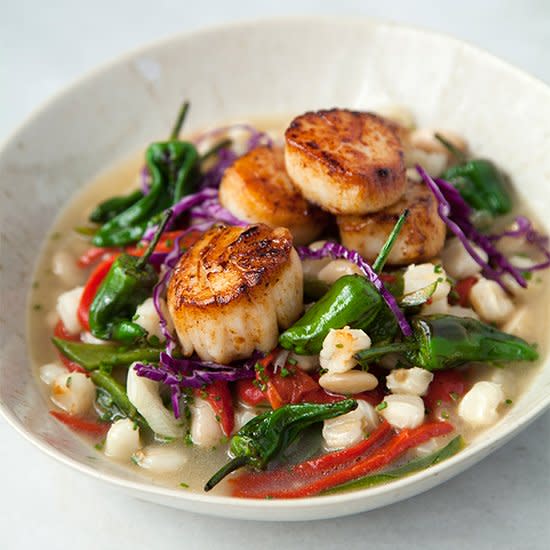 Hominy with Blistered Padron Peppers and Seared Scallops (30 minutes)