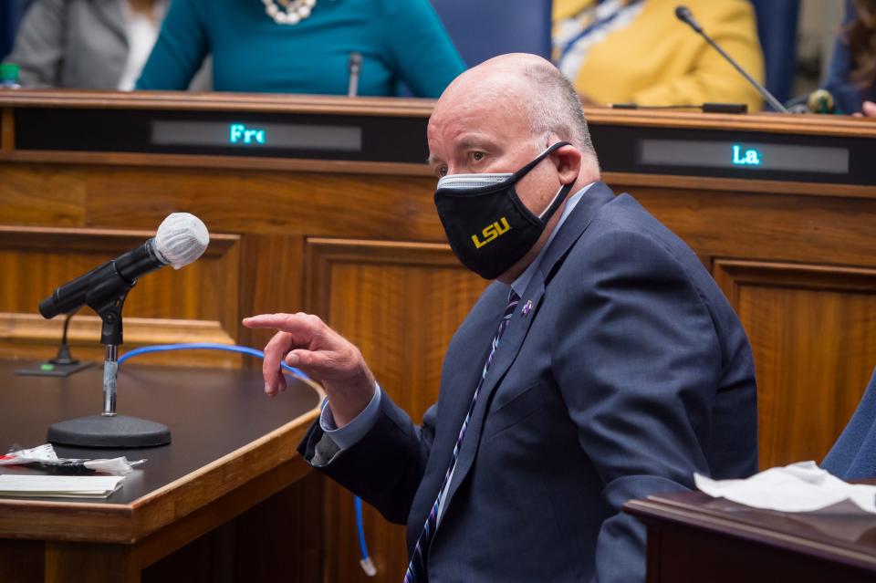 LSU President Tom Galligan testifies before the Senate Select Committee on Women and Children at the Louisiana State Capitol in Baton Rouge, LA.  Wednesday, March 10, 2021.