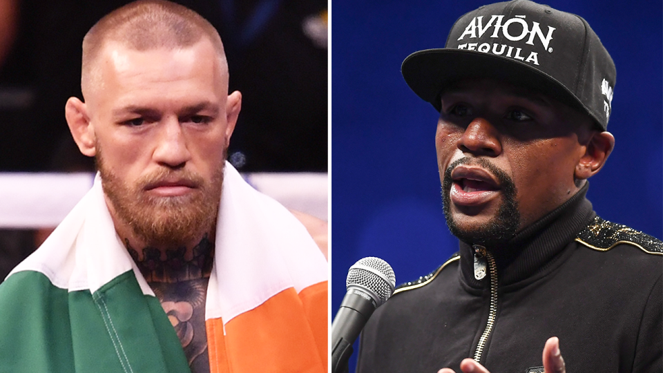 Conor Mayweather (pictured left) before a boxing fight and (pictured right) Floyd Mayweather speaking to the media.