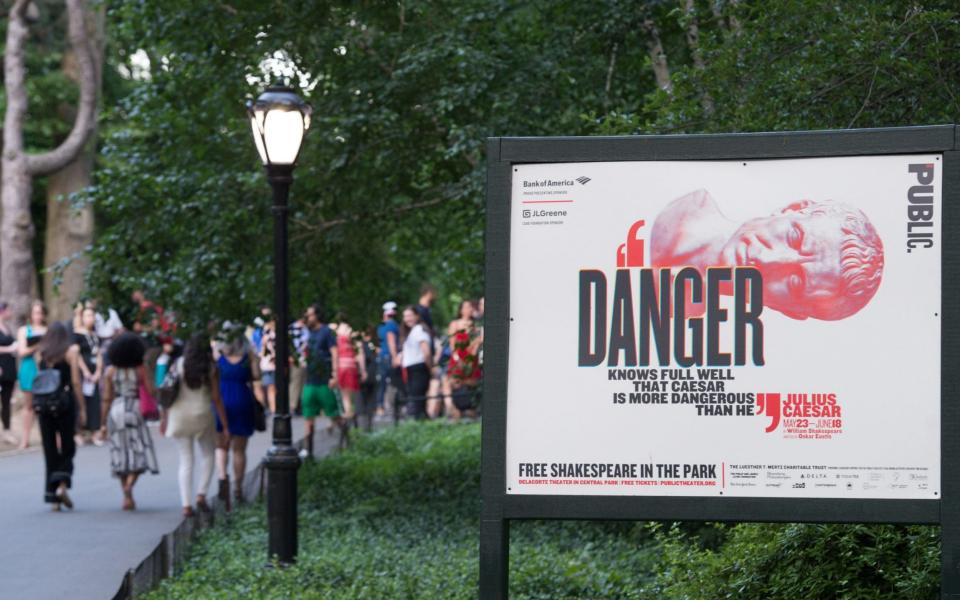 People arrive for the opening night of Shakespeare in the Park's production of Julius Caesar - Credit: AFP