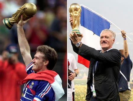 A combination picture shows Didier Deschamps holding the World Cup winner trophy as French soccer team captain on July 12, 1998 (L) at the Stade de France in Saint-Denis, France, and as French soccer team coach on July 15, 2018 (R) at Luzhniki Stadium in Moscow, Russia. REUTERS/Charles Platiau (L) and REUTERS/Carl Recine (R)