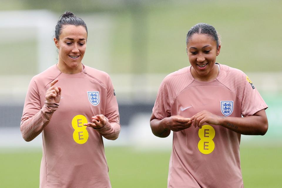 Lucy Bronze and Lauren James of England interact during a training session at St Georges Park (Getty Images)