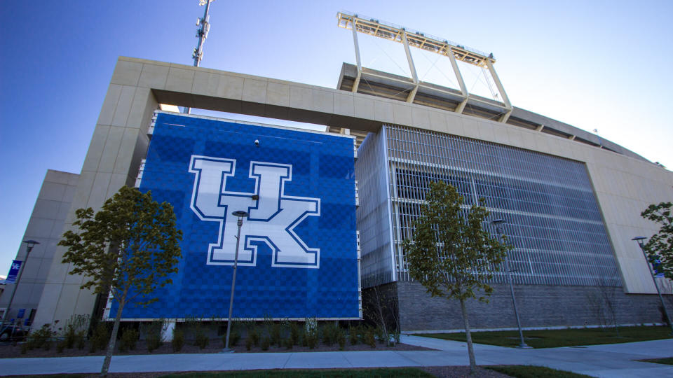 Lexington, Kentucky, USA - April 22, 2016: University of Kentucky banner on the exterior of Commonwealth Stadium in downtown Lexington.