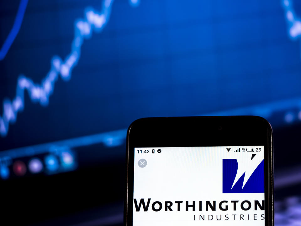 KIEV, UKRAINE - 2019/01/19:  In this photo illustration, the Worthington Industries Manufacturing company logo seen displayed on a smartphone. (Photo Illustration by Igor Golovniov/SOPA Images/LightRocket via Getty Images)