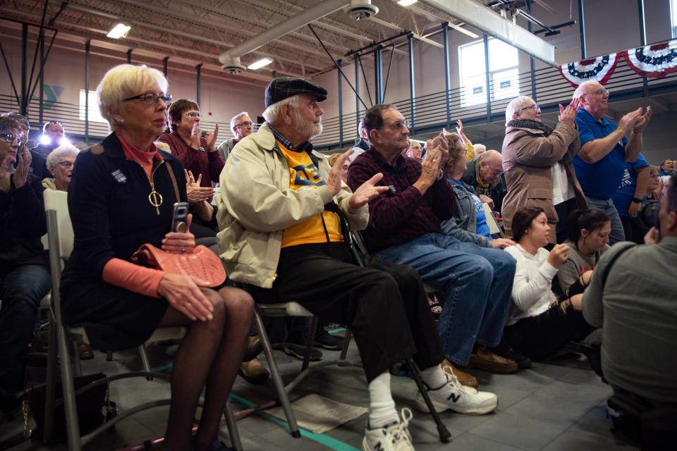 Spectators listen to Pete Buttigieg at Southern Prairie YMCA on Nov. 25, 2019 in Creston, Iowa. Buttigieg addressed long-term care and a public Social Security plan in the town of 7,839.