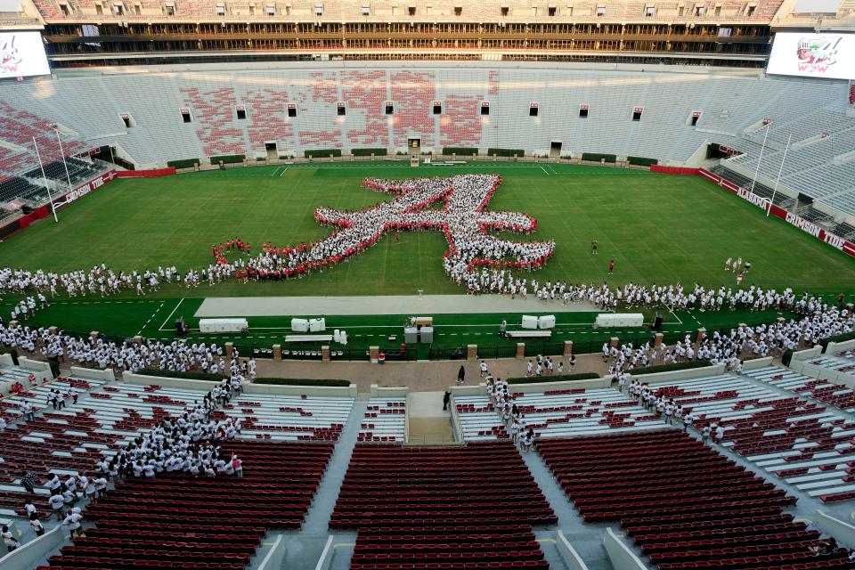 The incoming freshman class builds the traditional Script A, Aug. 22, 2023, in Bryant-Denny Stadium as part of UA’s Weeks of Welcome event for the incoming freshman class.