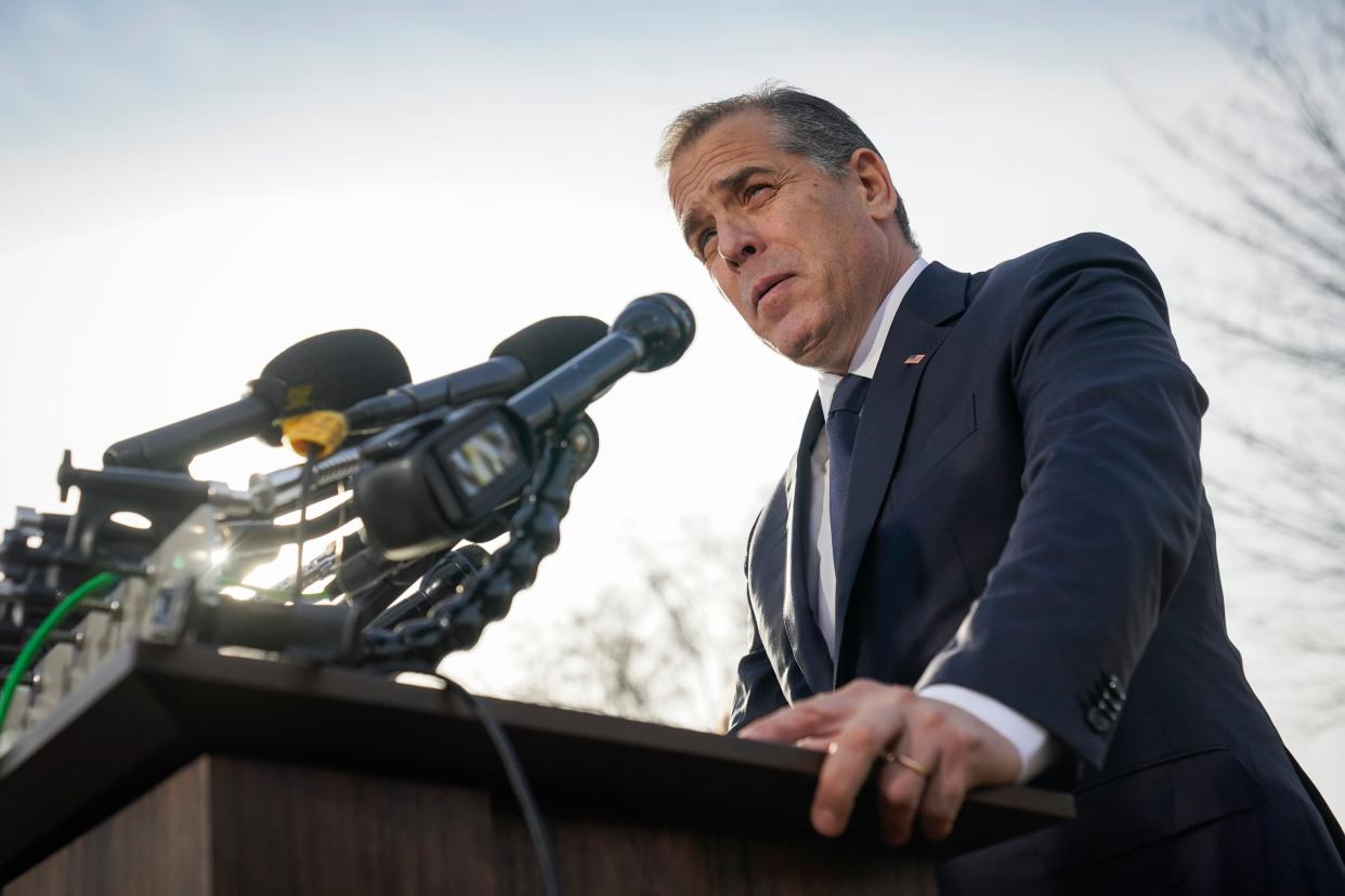 Hunter Biden, the son of President Joe Biden, speaks Wednesday outside the U.S. Capitol, offering to publicly testify in the House inquiry.