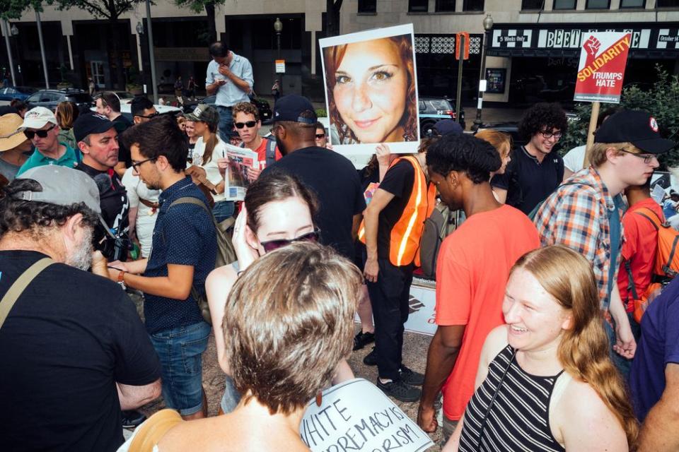 A poster bearing the face of Heather Heyer, who was killed after a vehicle was rammed into a crowd of counter-protesters at the Unite the Right rally in Charlottesville a year earlier.