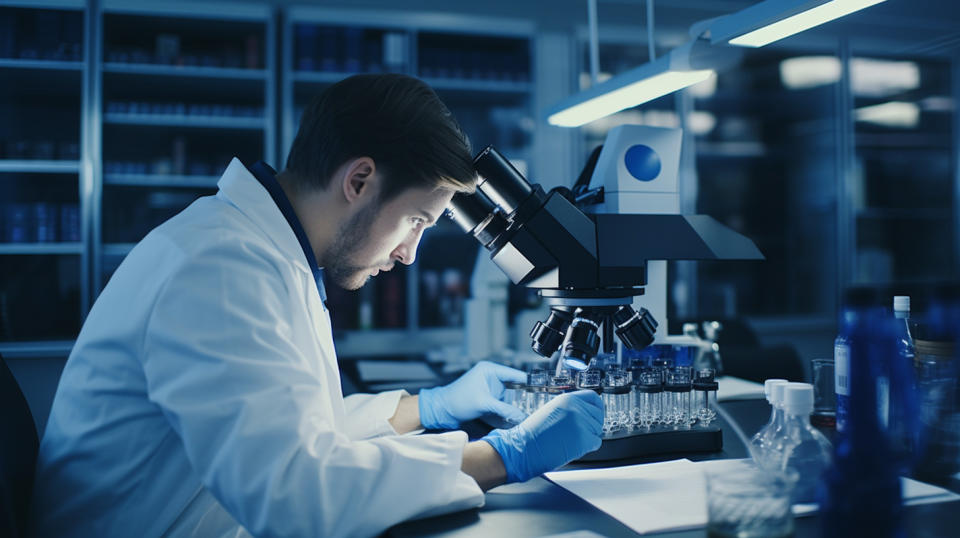 A research scientist studying cells through a microscope in a laboratory.