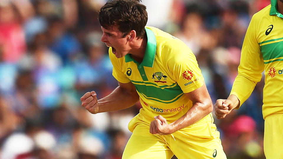 Jhye Richardson celebrates taking the wicket of Virat Kohli. (Photo by Matt King/Getty Images)