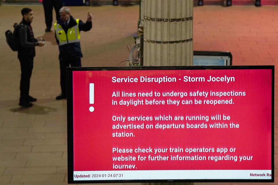 Information screens at Edinburgh Waverley train station as rail services to and from Scotland have been suspended until at least noon on Wednesday. Storm Jocelyn has brought fresh travel disruption to much of the UK, less than two days after Storm Isha left two people dead and thousands without power - while some islands have been without food deliveries for a week. Picture date: Wednesday January 24, 2024.