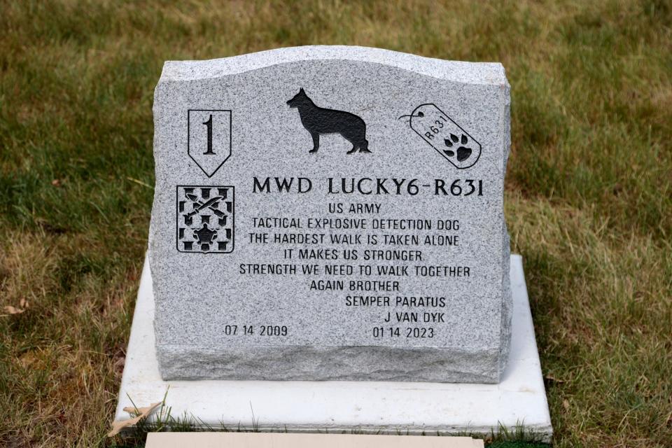 A tombstone for Lucky6 at the Michigan War Dog Memorial in South Lyon on June 17, 2023.
