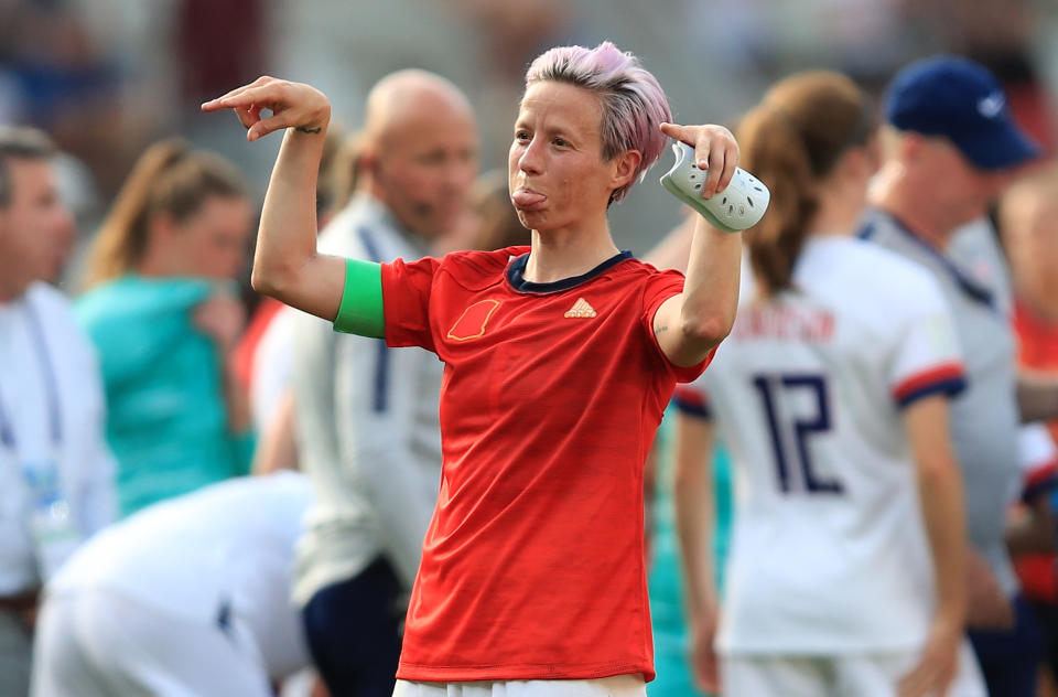 REIMS, FRANCE - JUNE 24: Megan Rapinoe of the USA reacts after the 2019 FIFA Women's World Cup France Round Of 16 match between Spain and USA at Stade Auguste Delaune on June 24, 2019 in Reims, France. (Photo by Marc Atkins/Getty Images)