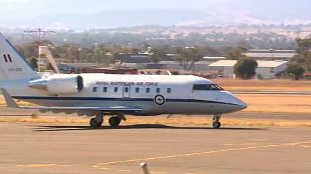 This is the RAAF Challenger Jet that flew empty to pick up Julie bishop and her partner on October 17. Photo: 7 News