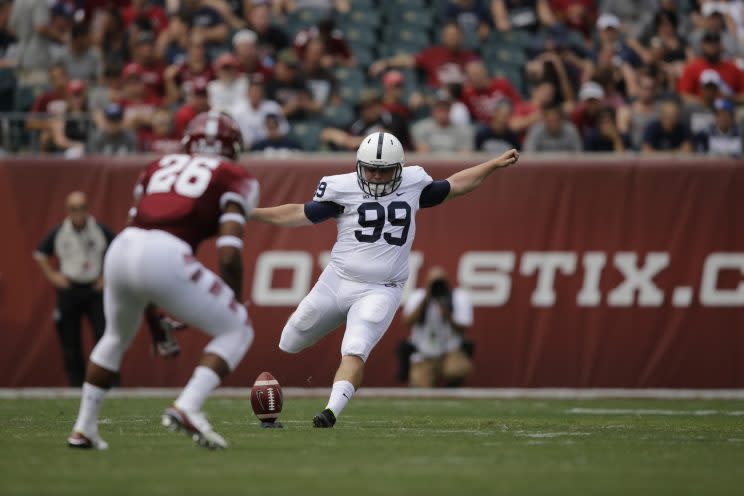 Penn State kicker Joey Julius (99) is popular for delivering big hits on kickoffs. (AP Photo/Matt Slocum)