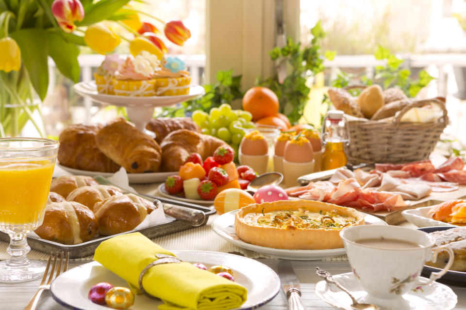 Breakfast or brunch table filled with all sorts of delicious delicatessen ready for an Easter meal. When it's time to enjoy your Easter leftovers, experts say proper storing and reheating are key. (Getty)