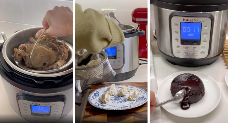 an Instant Pot being used to steam crab, dumplings and choc lava cakes