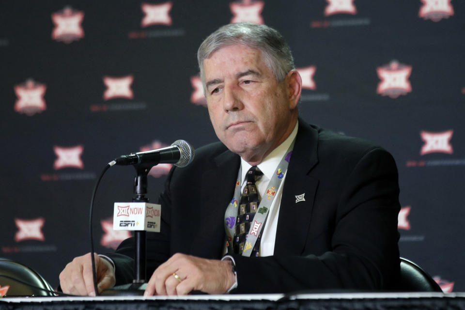 Big 12 Commissioner Bob Bowlsby announces no fans will be admitted to the rest of the Big 12 basketball tournament in Kansas City, Kan., Wednesday, March 11, 2020. The announcement came as fans gathered for the first round of the tournament. (AP Photo/Orlin Wagner)