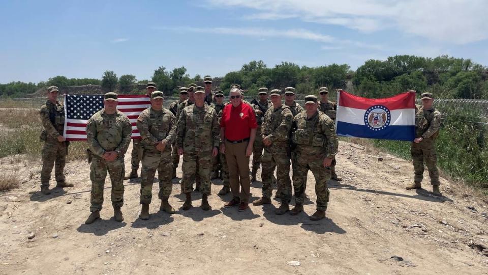 Missouri Gov. Mike Parson with Missouri National Guard soldiers deployed to the southern border.