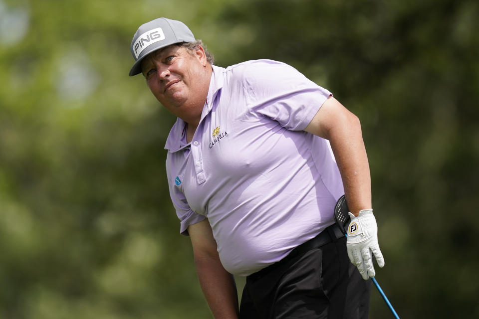 Tim Herron watches his shot off the third tee during the final round of the PGA Tour Champions Principal Charity Classic golf tournament, Sunday, June 6, 2021, in Des Moines, Iowa. (AP Photo/Charlie Neibergall)