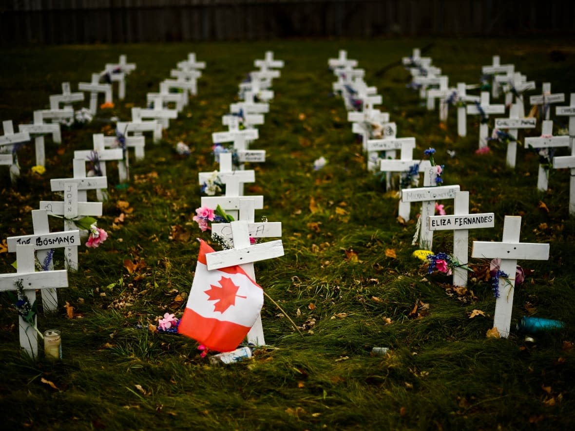 Crosses are displayed in memory of seniors with COVID-19 who died at the Camilla Care Community facility during the pandemic in Mississauga, Ont., in November of last year. The province announced Tuesday that it is launching a new inspections program for long-term care homes. (Nathan Denette/The Canadian Press - image credit)