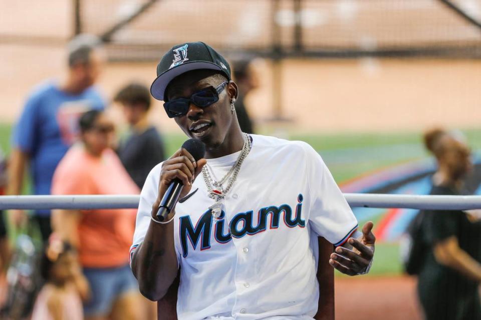 Miami Marlins infielder Jazz Chisholm Jr. talks to fans during the Miami Marlins FanFest event at loanDepot park in Miami, Florida on Saturday, February 11, 2023.