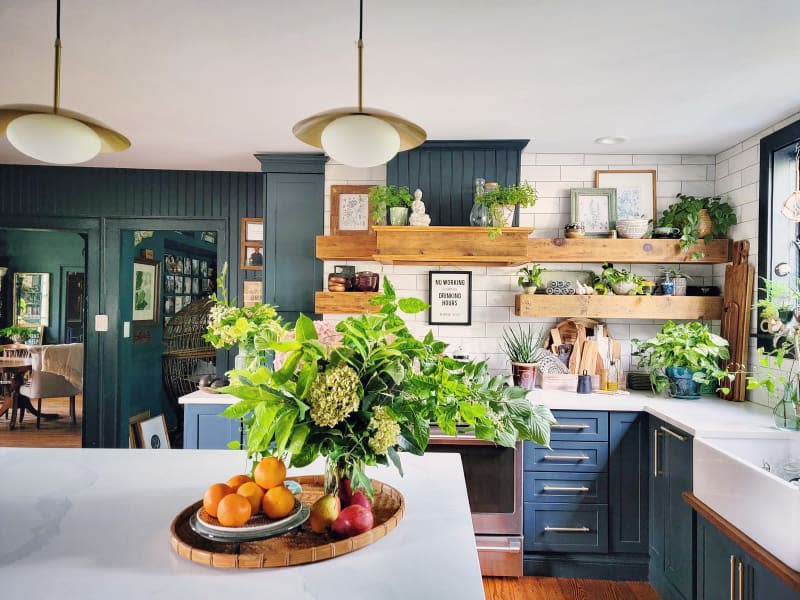 Kitchen with chunky wooden shelving