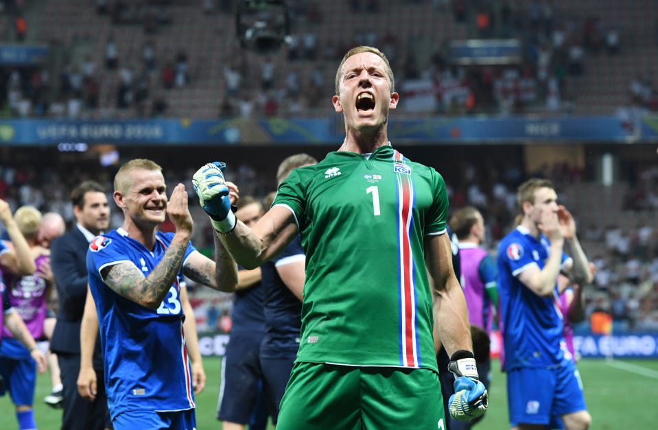 Goalkeeper Hannes Thor Halldorsson of Iceland celebrates the 1-2 victory after the UEFA EURO 2016 Round of 16 soccer match between England and Iceland at Stade de Nice in Nice, France, 27 June 2016. Photo: Federico Gambarini/dpa (RESTRICTIONS APPLY: For editorial news reporting purposes only. Not used for commercial or marketing purposes without prior written approval of UEFA. Images must appear as still images and must not emulate match action video footage. Photographs published in online publications (whether via the Internet or otherwise) shall have an interval of at least 20 seconds between the posting.) | usage worldwide   (Photo by Federico Gambarini/picture alliance via Getty Images)