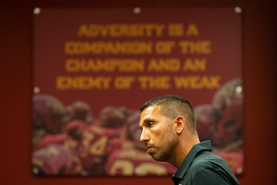 Iowa State coach Matt Campbell speaks to reporters during the Cyclones' media day Tuesday in Ames.