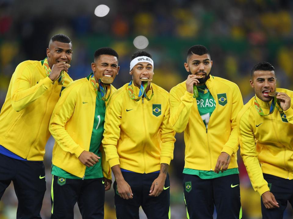 Brazil celebrate winning gold at the 2016 Olympics: Getty