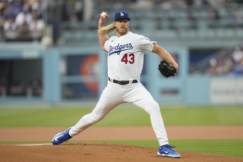 Los Angeles Dodgers starting pitcher Noah Syndergaard (43) throws during the first inning of a baseball game against the Minnesota Twins in Los Angeles, Monday, May 15, 2023. (AP Photo/Ashley Landis)