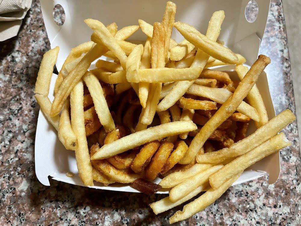 half onion rings and half french fries from jack in the box