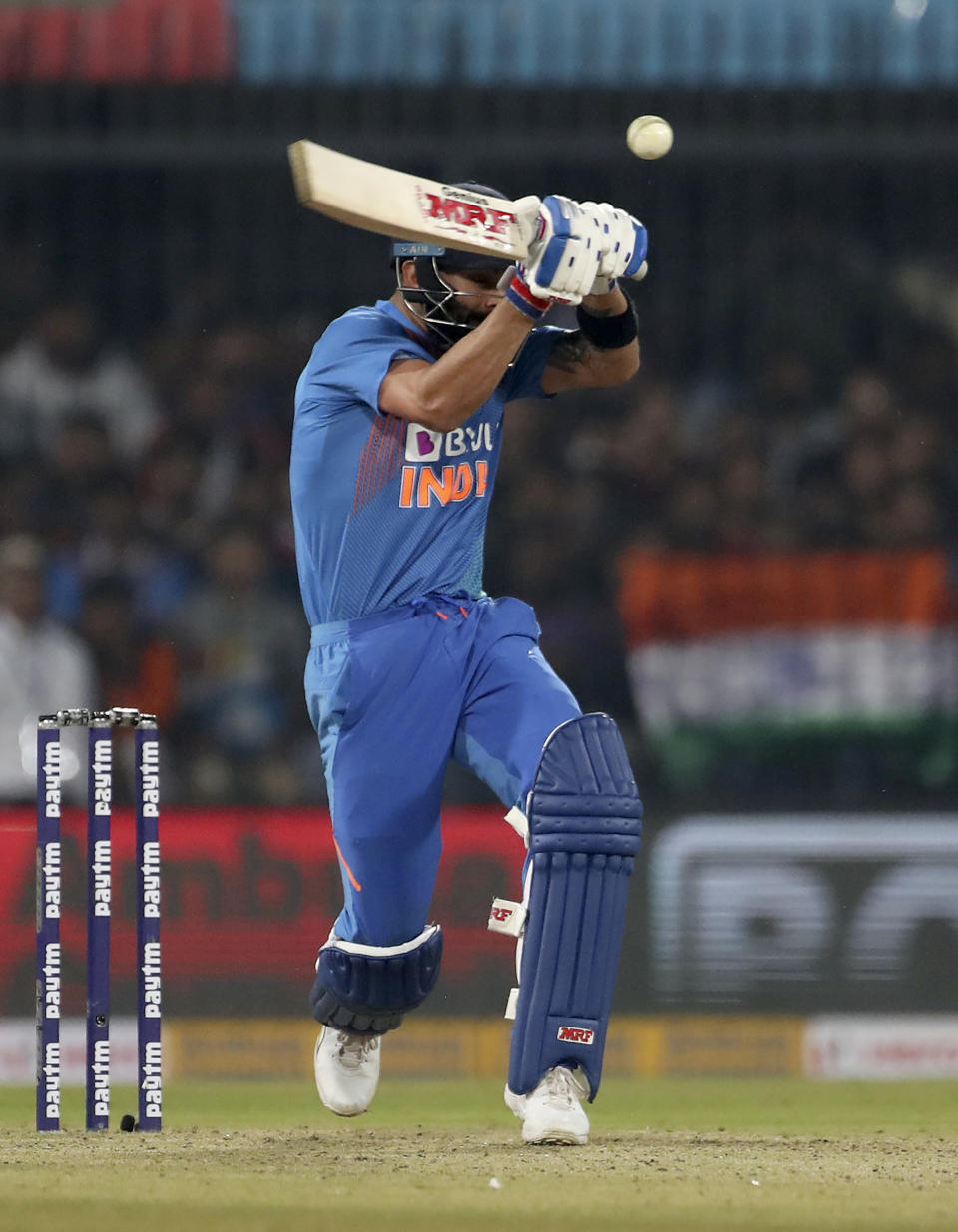 India's captain Virat Kohli bats during the second Twenty20 international cricket match between India and Sri Lanka in Indore, India, Tuesday, Jan. 7, 2020. (AP Photo/Aijaz Rahi)