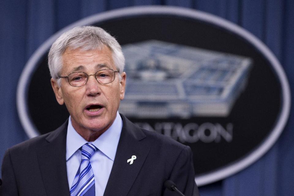 Defense Secretary Chuck Hagel speaks to reporters about the Defense Department's sexual assault prevention and response program, Thursday, May 1, 2014, at the Pentagon. Hagel said sexual assaults are a threat to both women and men in uniform. And he says the Pentagon must do more to fight a culture that discourages victims from reporting assault. (AP Photo/Manuel Balce Ceneta)