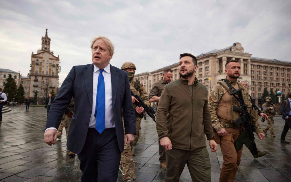 Boris Johnson, the Prime Minister, and Volodymyr Zelensky, the Ukrainian president, on the streets of Kyiv on Saturday