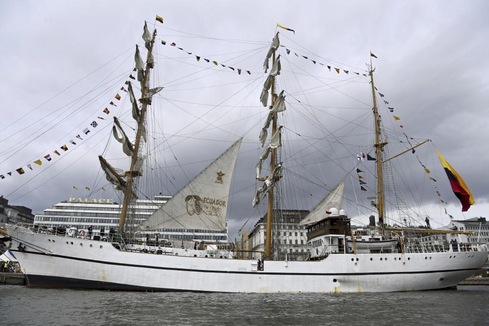 Ecuadorian ship Guayas during the opening day of the Tall Ships Races event in Helsinki, Finland, Thursday July 4, 2024. Dozens of impressive classic sailing vessels from 13 different countries currently plying the Baltic Sea arrived at the Finnish capital on Thursday at the end of the first leg of the Tall Ships Races that kicked off from the Lithuanian port city of Klaipeda late June. (Aada Pet'j'/Lehtikuva via AP)