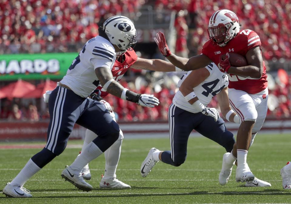 Wisconsin's Jonathan Taylor runs during the first half of an NCAA college football game against BYU Saturday, Sept. 15, 2018, in Madison, Wis. (AP Photo/Morry Gash)