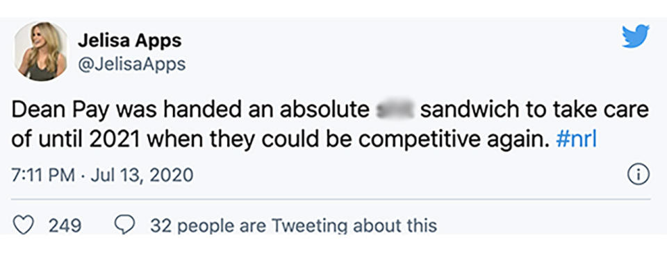 A tweet about Dean Pay's tough position at the Bulldogs. (Twitter)