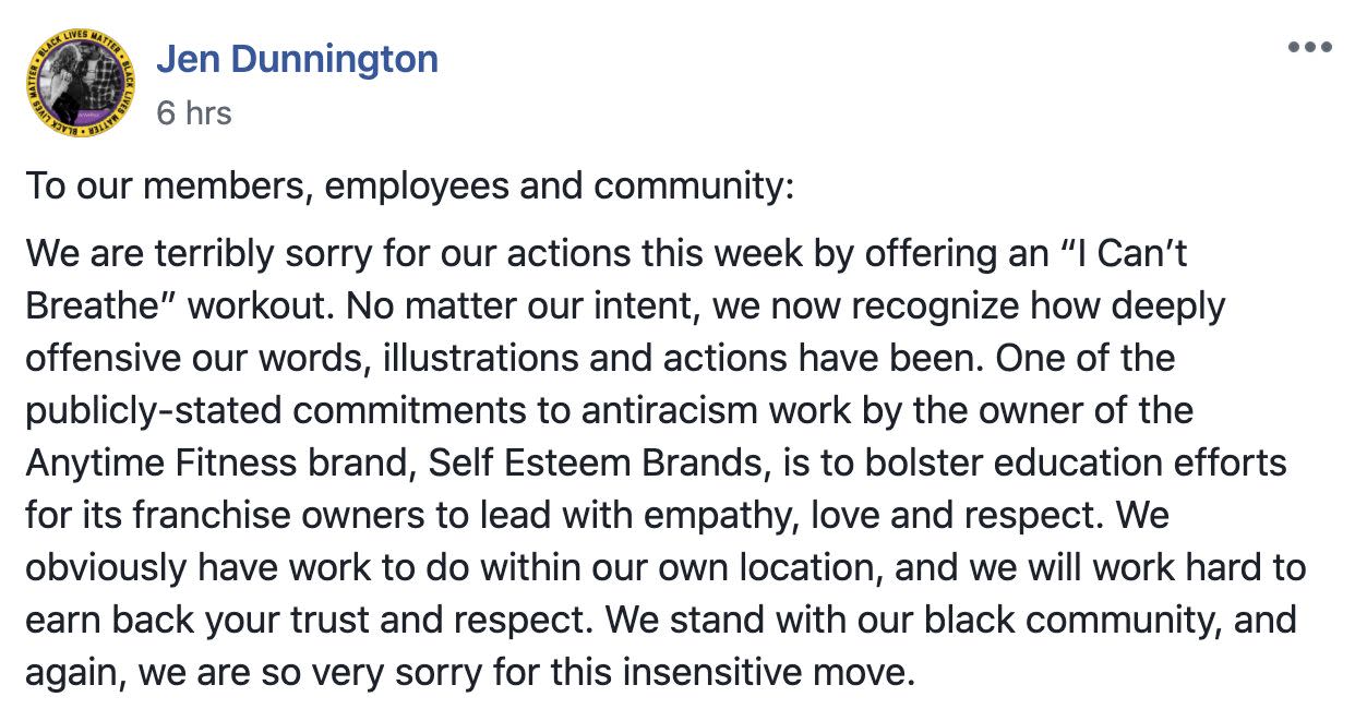 Anytime Fitness apology (Photo: Facebook)