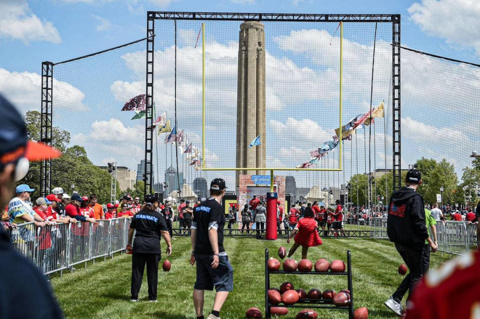 Fans attempted kicking field goals at the NFL Draft Experience Thursday, April 27, 2023, at the National WWI Museum and Memorial in Kansas City.